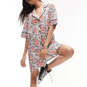 Topshop Souvenir Button Front Shirt Dress Red Black Floral Linen Blend Womens 2